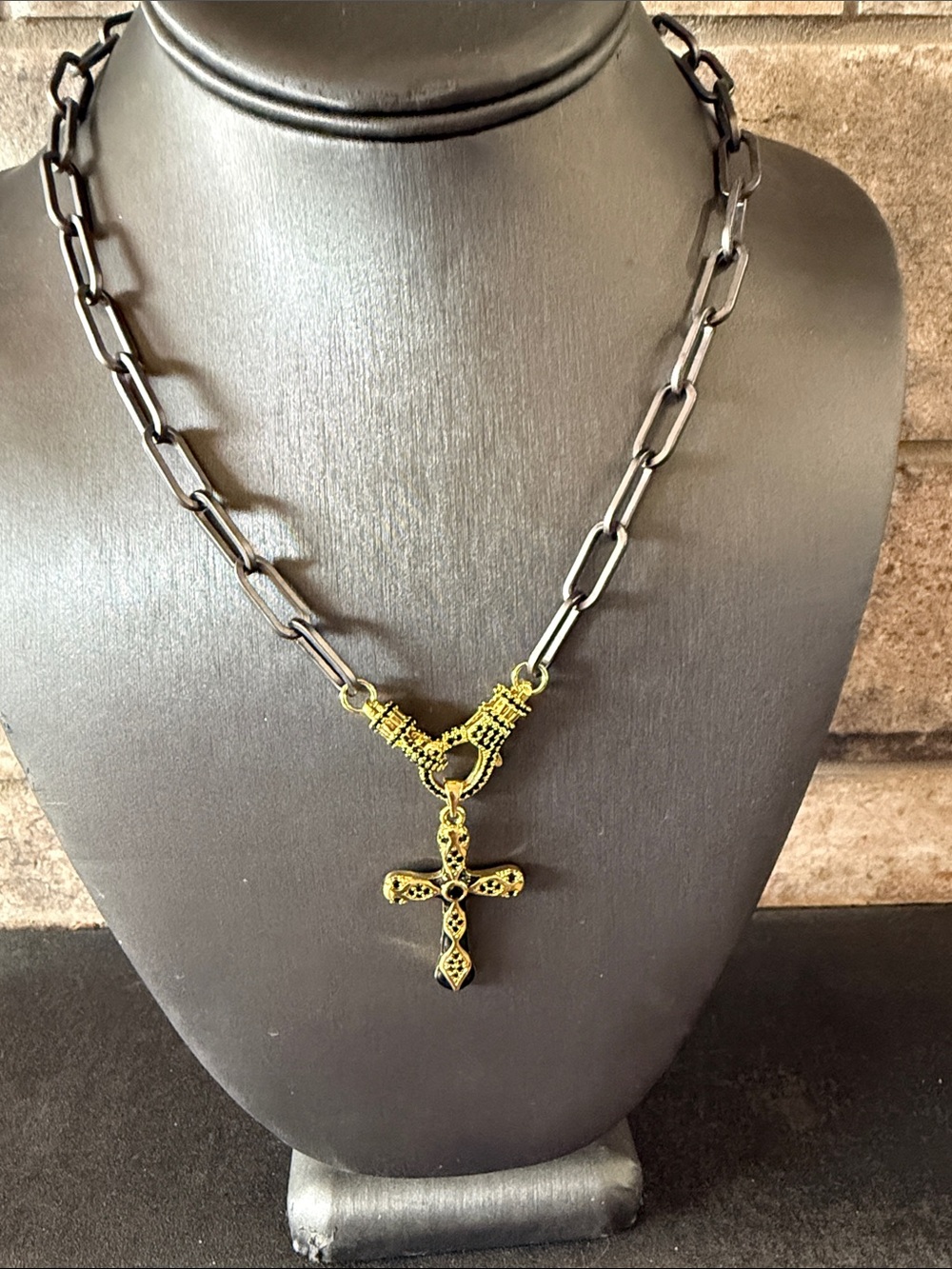 Freida Rothman Gold black Cross Pendant Necklace on Black Chain